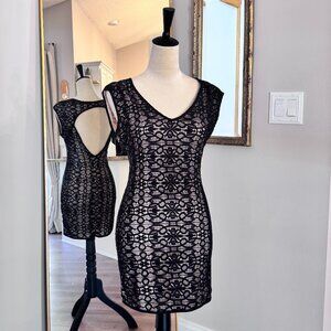 Black Lace Nude Illusion Mini Dress - Open Back